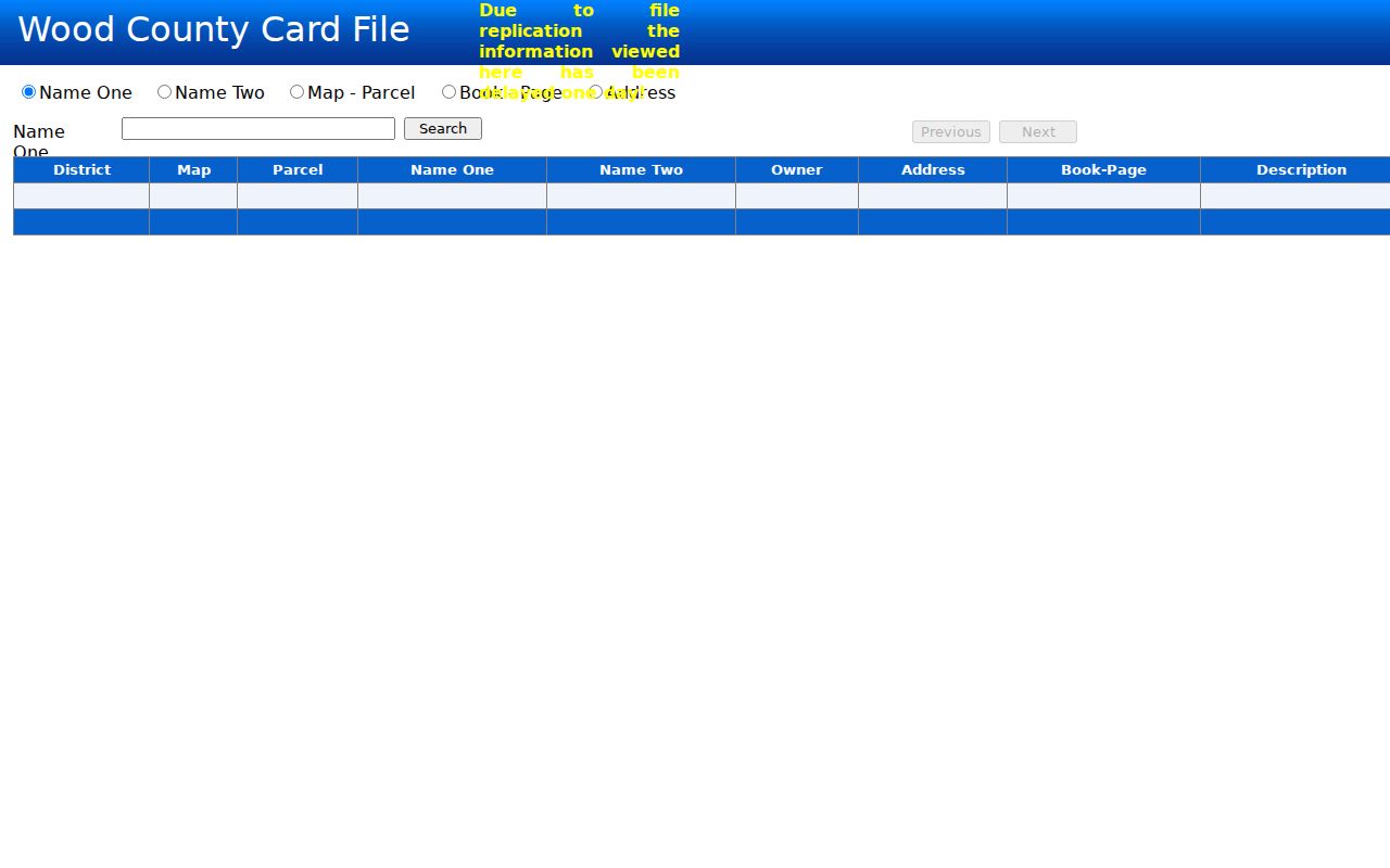 Wood County current property owner Card File showing parcel and owner fields