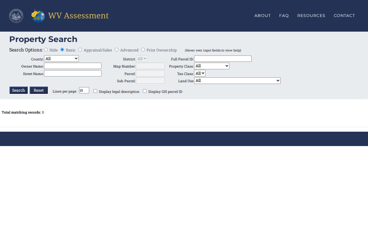 Wood County property value lookup in the West Virginia assessment search interface
