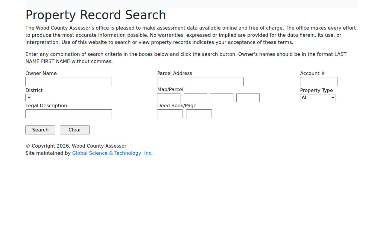 Wood County property records search fields in the Assessor CAMA portal